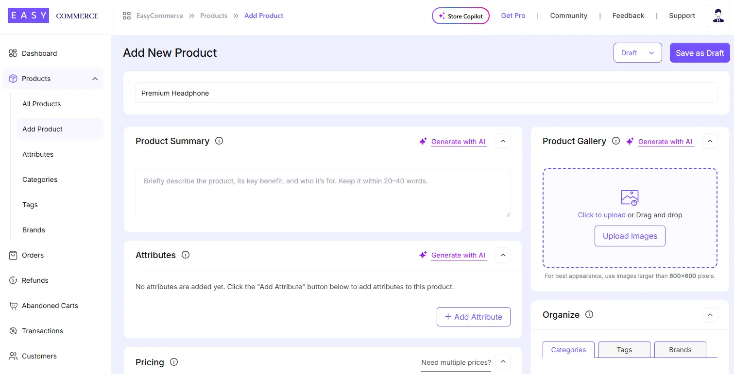 EasyCommerce Add product