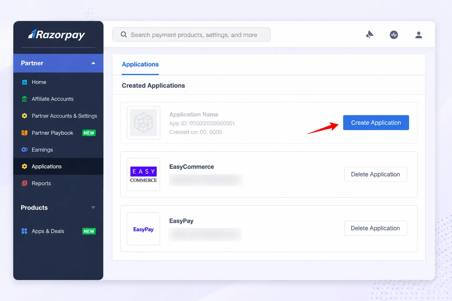 create application from the razorpay dashboard