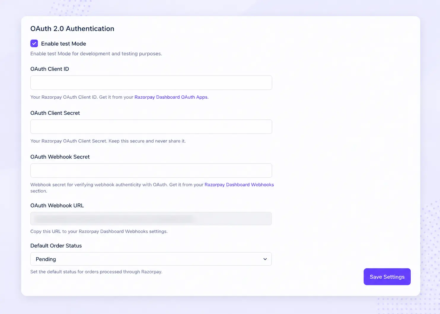 configure razorpay settings