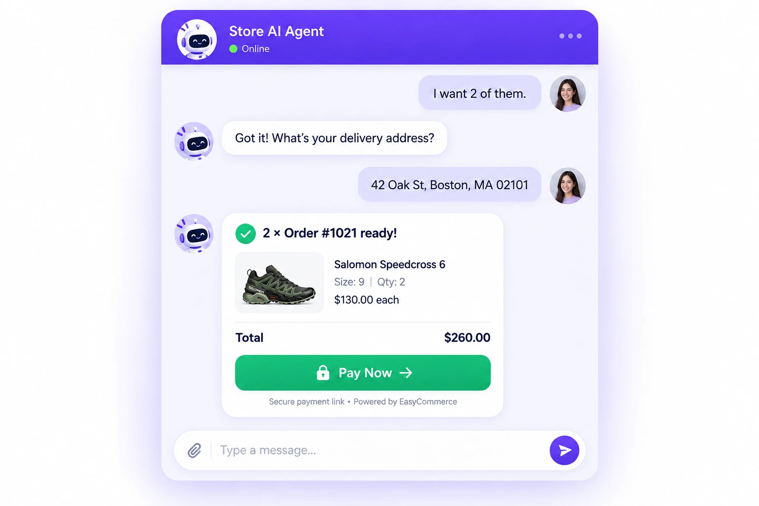 EasyCommerce AI Shopping Agent sending a secure payment link in chat