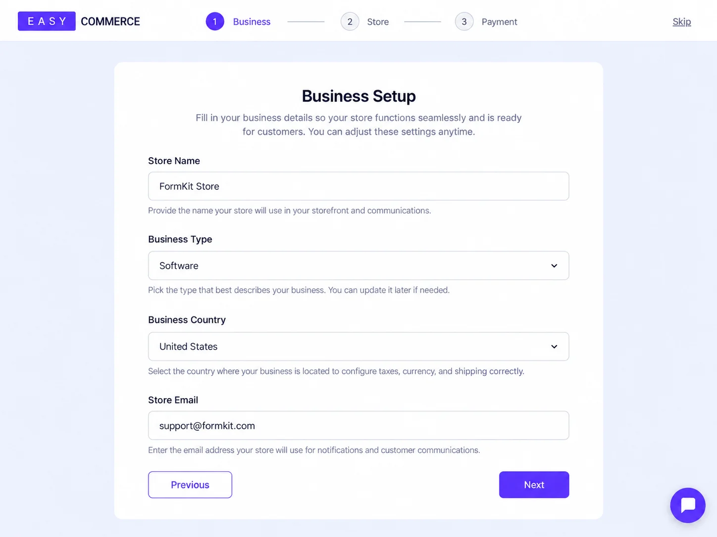 EasyCommerce setup wizard