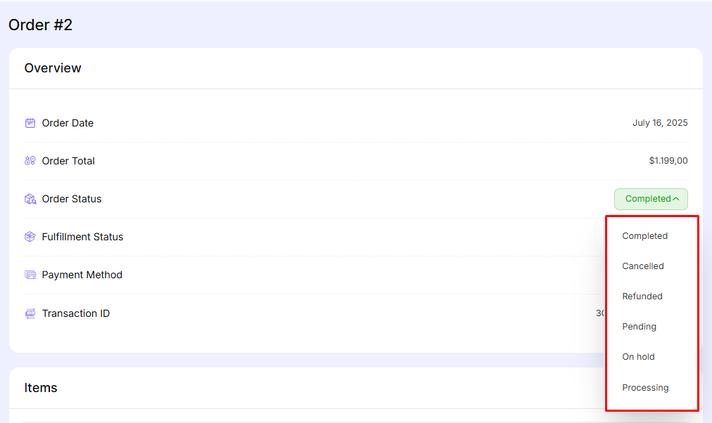 Change order statuses od individual orders