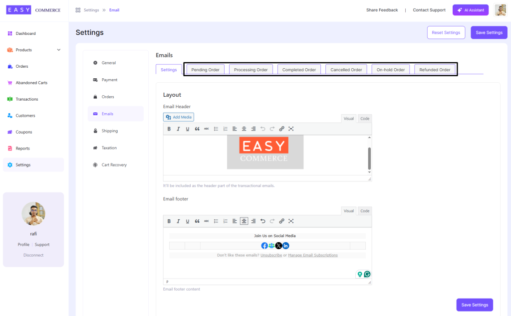 Email Settings – EasyCommerce