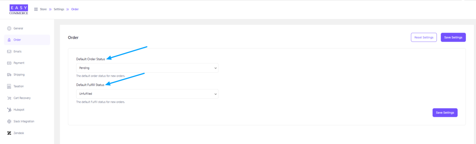 Order Settings – EasyCommerce